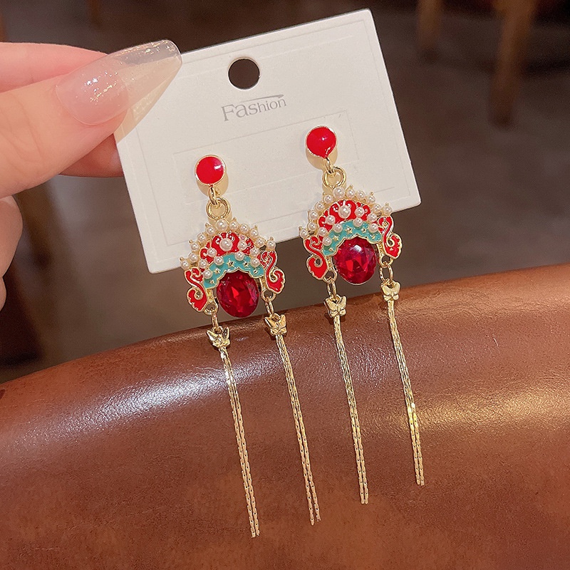 Anting 925 silver needle Model Rumbai Panjang Desain Topeng Opera Peking Aksen Mutiara Untuk Wanita