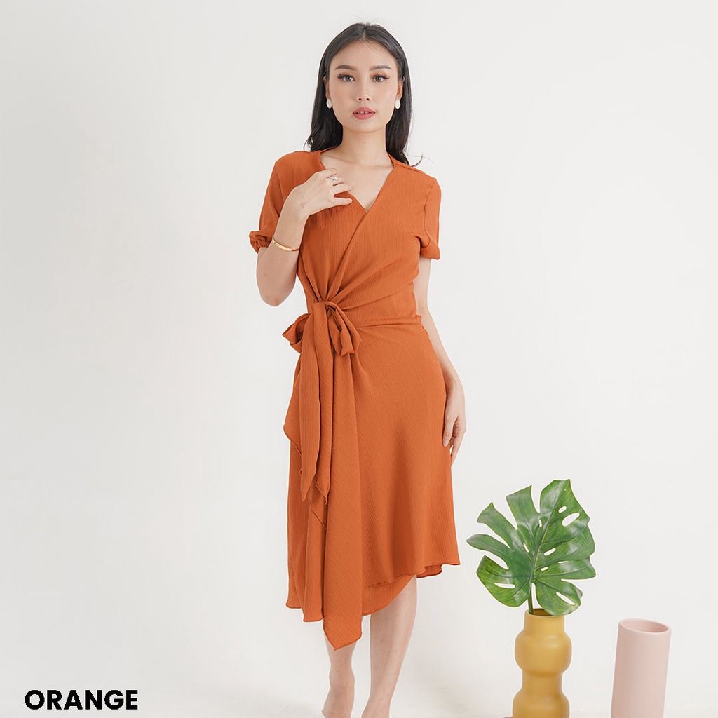 Dress Midi Crinkle Elvator Party Casual Wanita