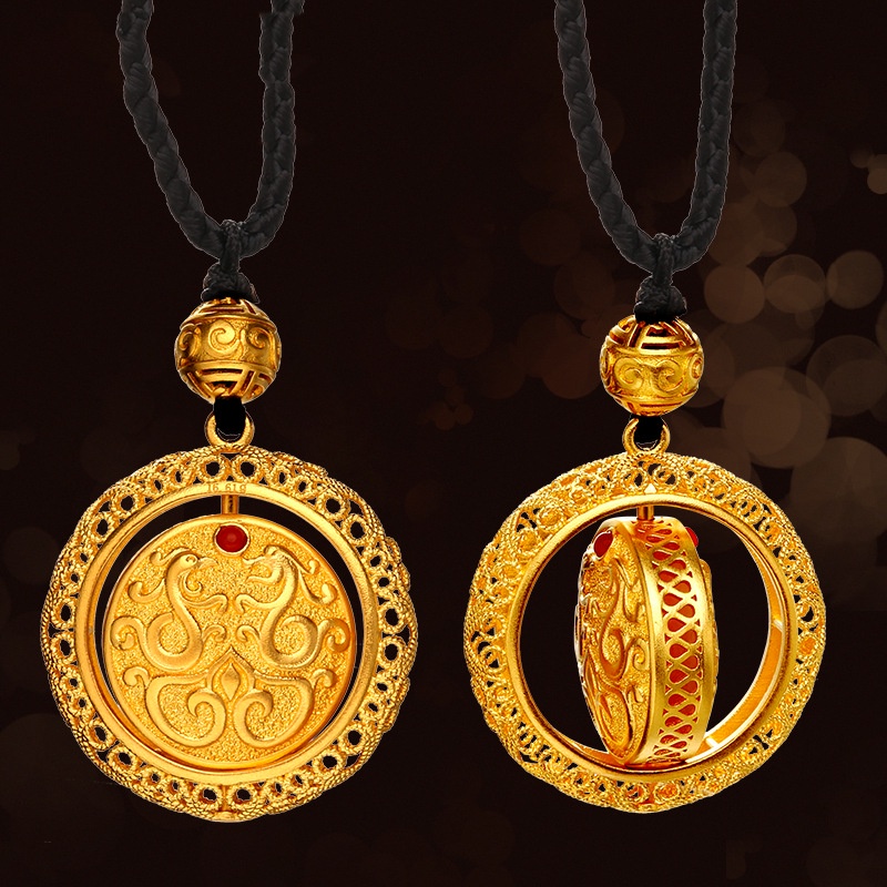 [Ready Stock]Fashion Gold-Plated Pendant Ring Hollow Rotating Necklace