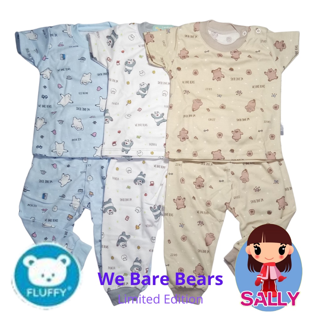 Fluffy S M L - 3 Setel Baju Oblong Pendek Celana Panjang Bayi 3-6 6-9 9-12 Bulan Motif Baby Laki Per