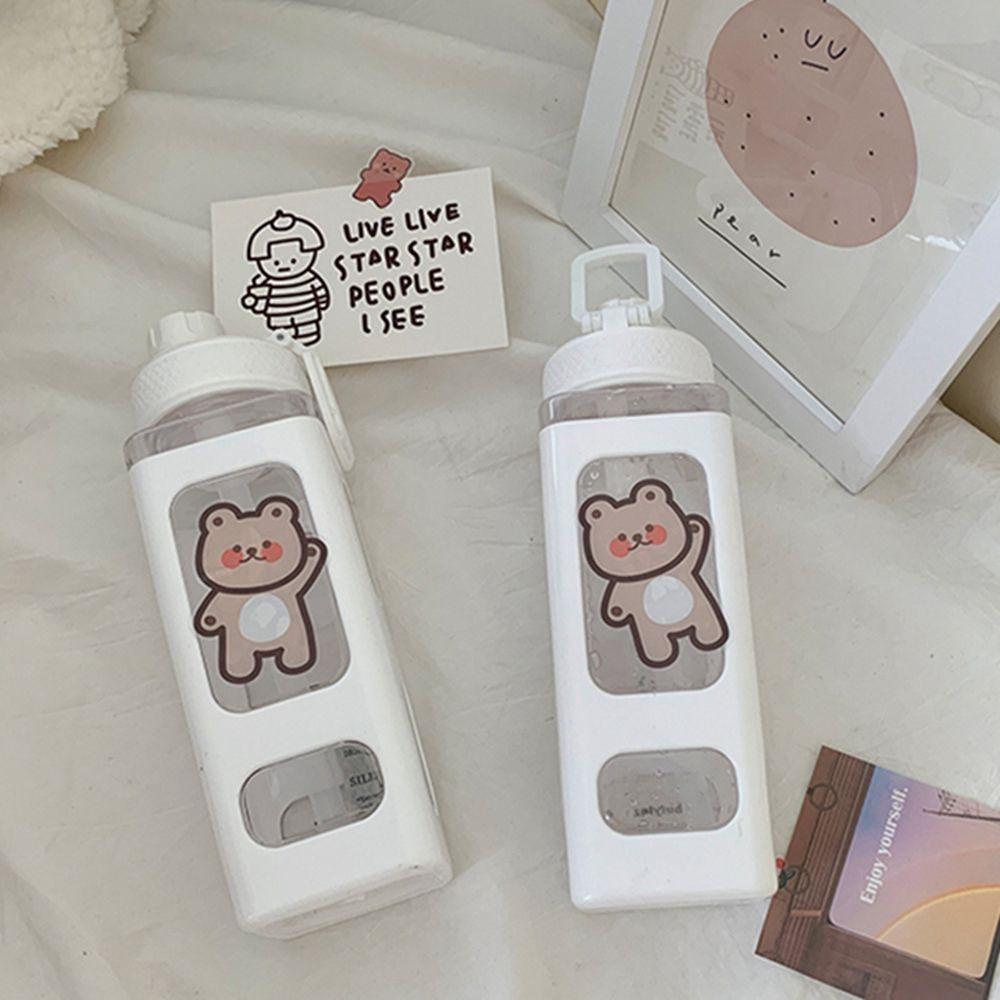 [Elegan] Botol Air Minum Lucu Dengan Stiker Beruang Bening Wadah Air Perlengkapan Dapur Perlengkapan Minum Outdoor Rumah Jus Kotak