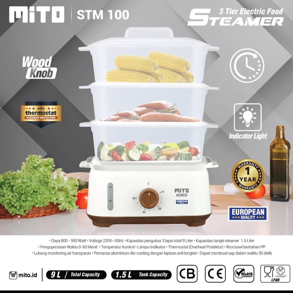 Food Steamer Mito STM 100 Pengukus Makanan Mitochiba STM100 3 Tingkat Penghangat Makanan Kukusan Makanan Listrik