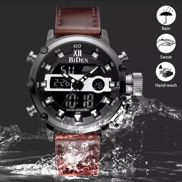 Jam Tangan Pria BiDen 0164 Original Analog & Digital Display Kulit Free Box Bubble & Analog Battery