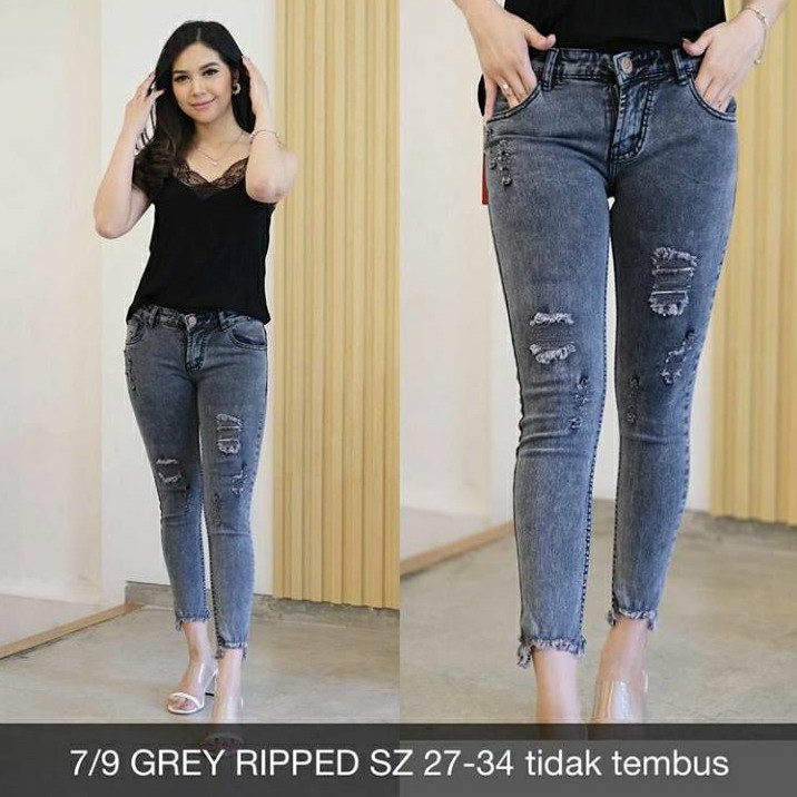 CELANA JEANS WANITA 7/9 GREY RIPPED SZ 27-38 TIDAK TEMBUS