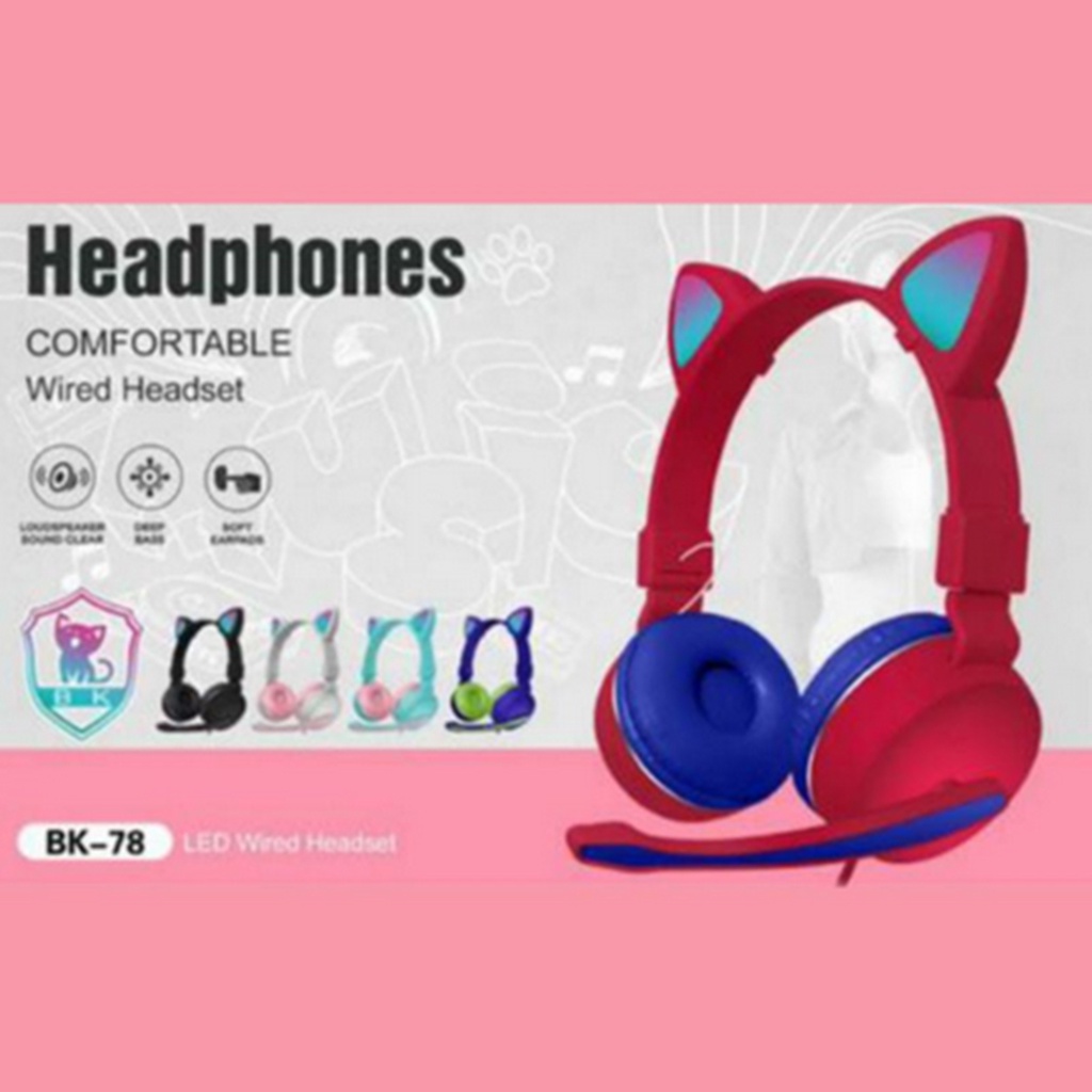 Headphone Bando Cat Ear BK-78 Wired Headset LED With Microphone 3.5mm