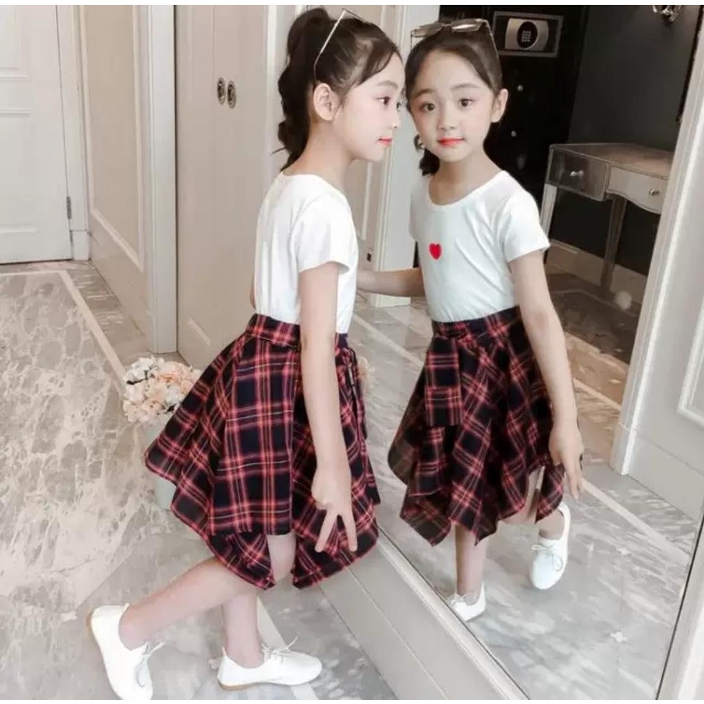 Promo !! Setelan bestseller anak cewek / setelan love twist tartan ukuran 1-3tahun / Setelan baju anak import