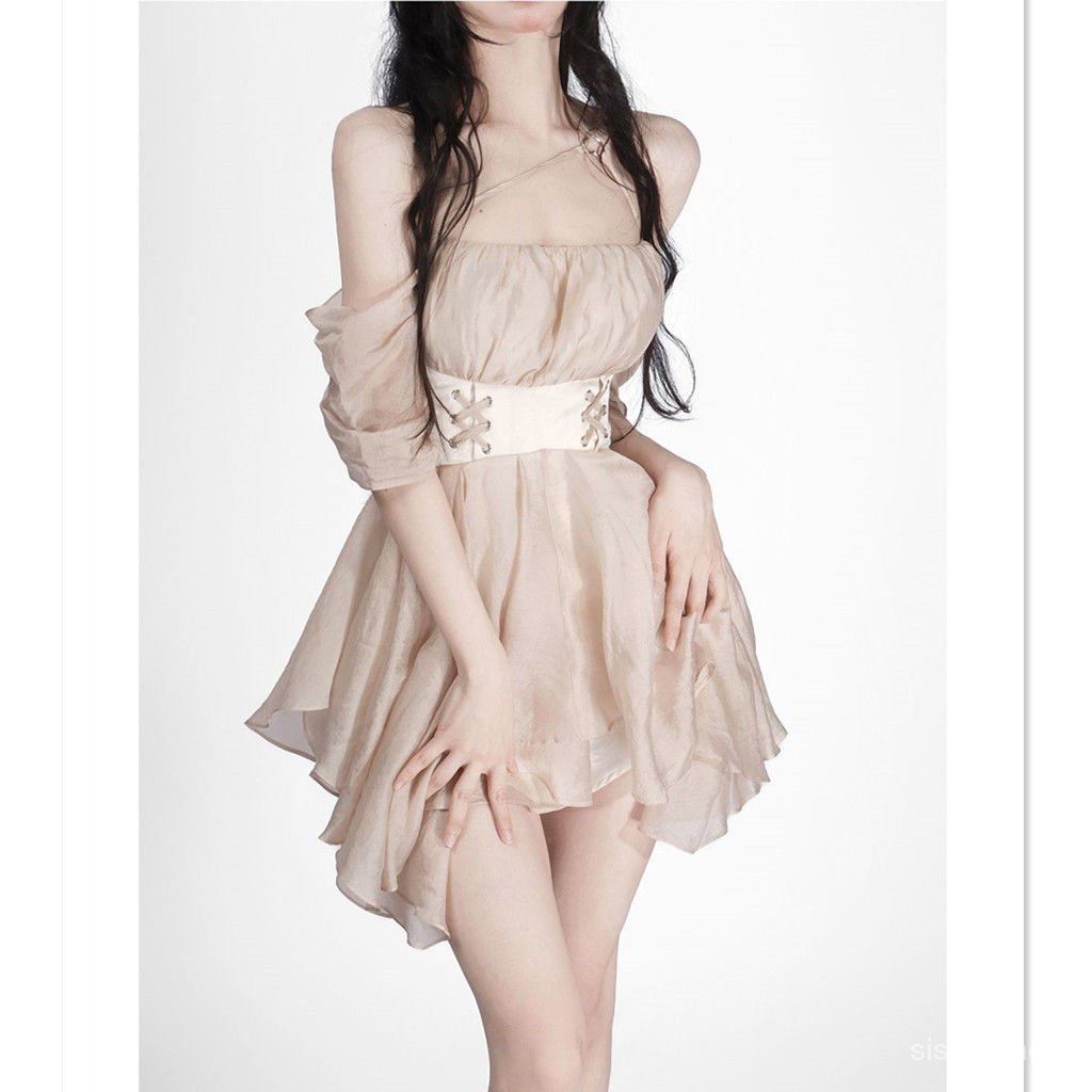 #Sisjuly# Gaun Tube Top Wanita Baru Pinggang Ramping Rok Pendek Tidak Teratur Pakaian Wanita