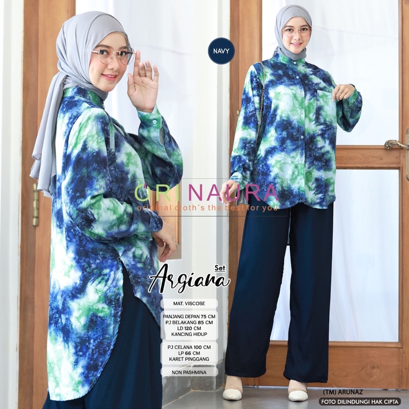 ARGIANA SET BY NAURA BAHAN VISCOSE ONESET KEMEJA BUSUI LD -/+120 MOTIF GARIS BLOUSE OVERSIZE BERSAKU