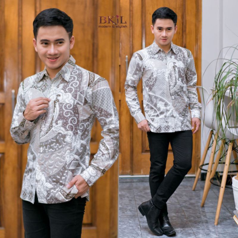 BKiL new atasan kemeja batik cowok warna abu muda mix tua simple.modern stylish jumbo
