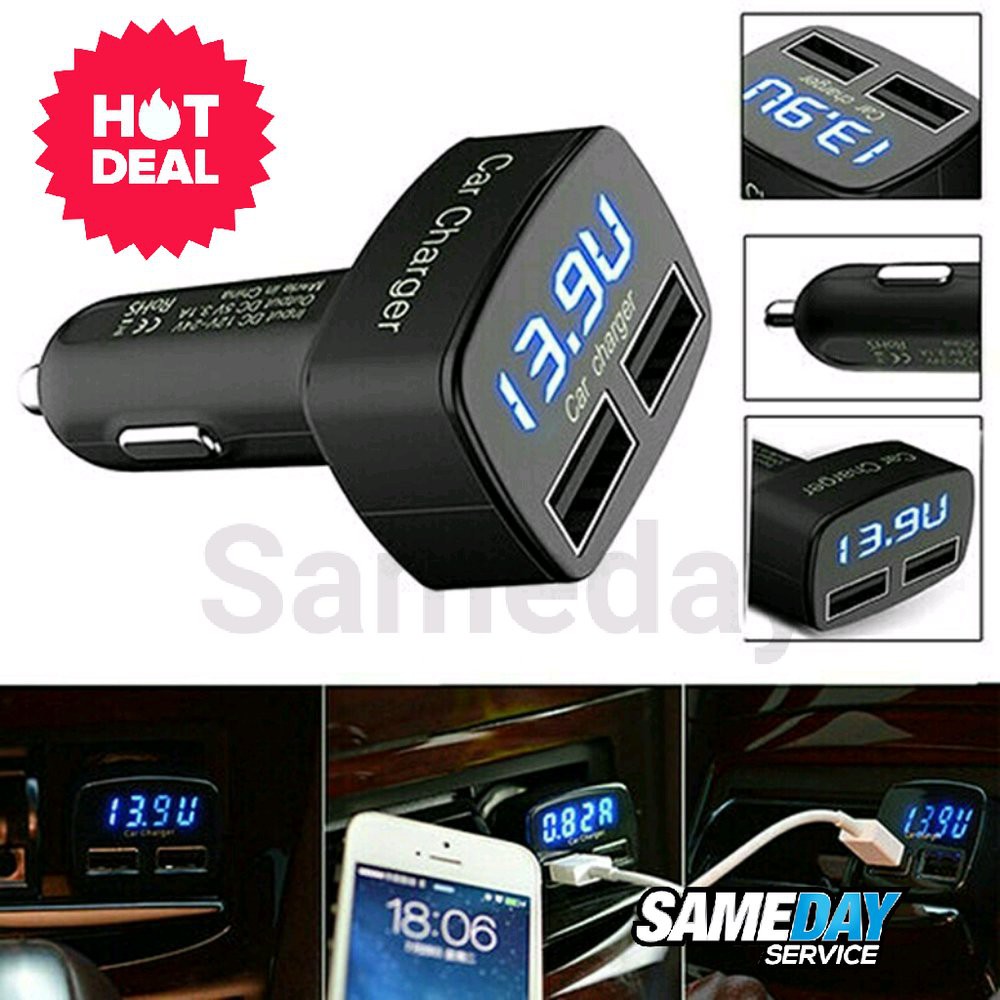 Car Charger HP Mobil 4in1 Voltmeter Ammeter Dual Usb 3.1A dan Tempe