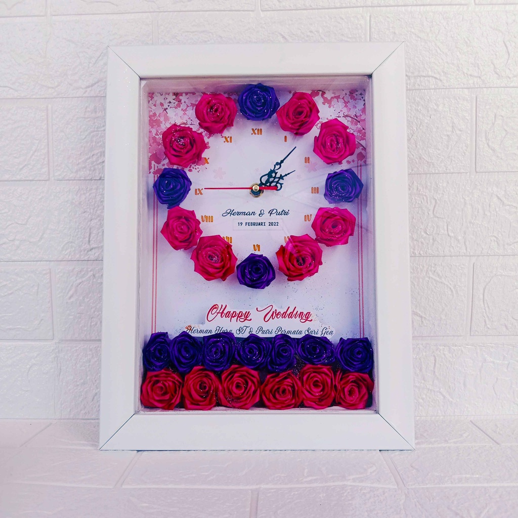 Hiasan Jam Dinding Custom Bunga bouqet / Bunga satin / Flowers Wedding