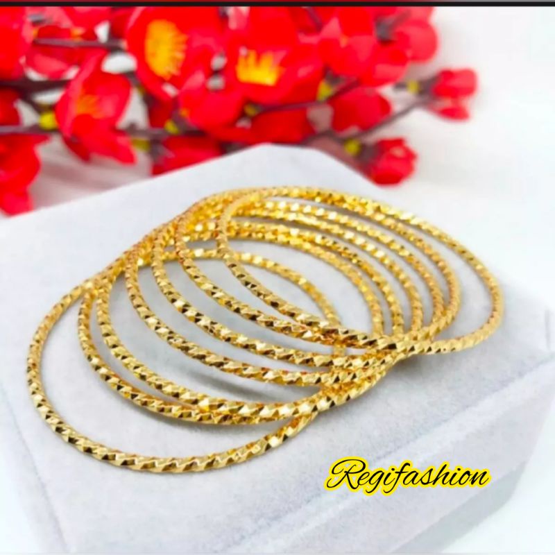 Gelang Keroncong Ukir Lapis Emas 3Pcs/6Pcs Fashion Wanita Anti Karat