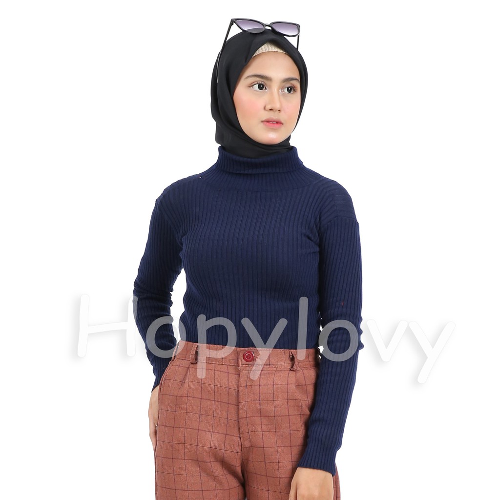 HOPYLOVY - Sweater Rajut Wanita Turtleneck Ribbed Turtle Daisy