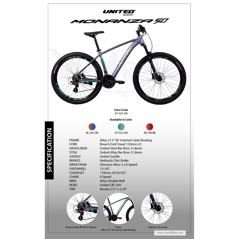 SEPEDA GUNUNG MTB 27.5 INCH UNITED MONANZA 5.0 NEW FREE TEMPAT BOTOL BEL KUBAH DAN SARUNG TANGAN