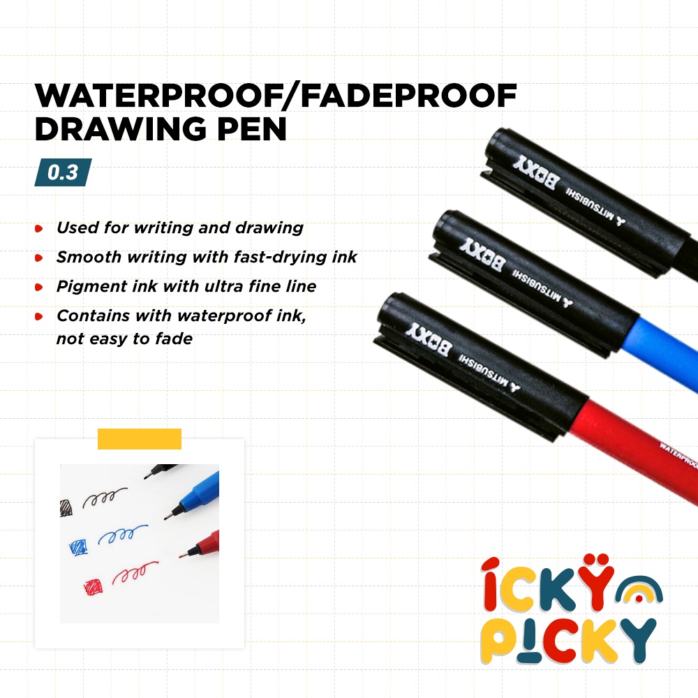 

[ickypicky] Uni Mitsubishi Boxy Pulpen / Pena Anti Air / Anti Luntur 0.3 mm 001P | Waterproof/Fadeproof Drawing Pen