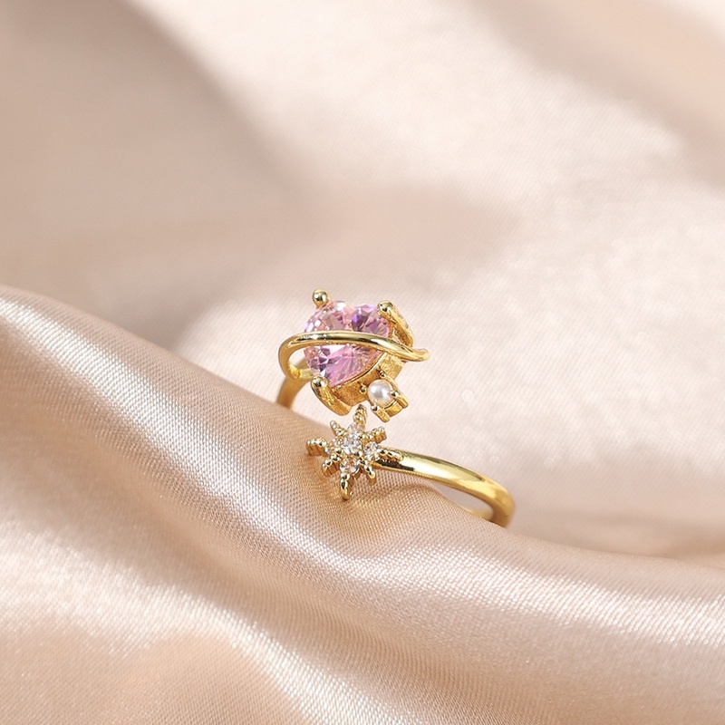 Cincin Model Terbuka Desain Hati Aksen Zirkon Warna Pink Untuk Wanita