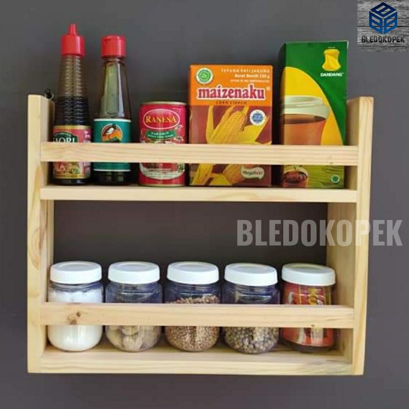 Rak Wadah Bumbu Dapur Tempat Buku Serbaguna Ambalan Kayu Dinding Susun Tempel Gantungan Sabun Toilet