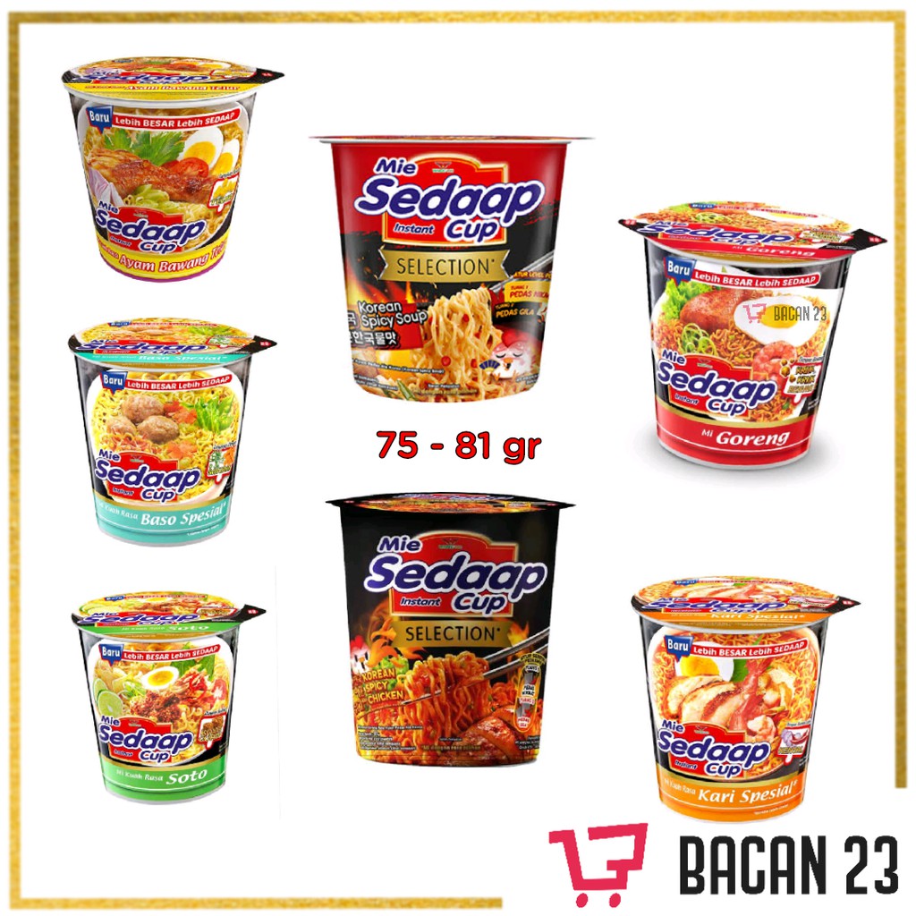 

Mie Sedaap Cup ( 75gr - 81gr) (Baso Spesial/Ayam Bawang/Selection/Mi Instan Cup / Bacan 23 - Bacan23