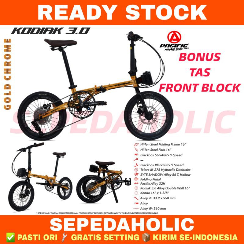 Sepeda Lipat 16 Inch PACIFIC KODIAK 3.0 9 Speed Rem Hidrolik Crank Hollow BONUS Tas Front Block Gara