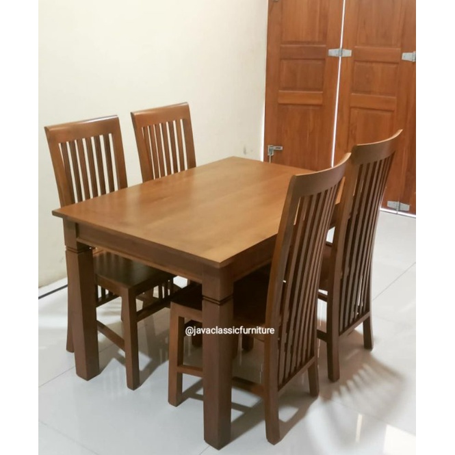 1 SET KURSI MEJA MAKAN BALERO MINIMALIS RESTO RUMAH MAKAN MURAH KURSI 4 JARI-JARI POLOS BAHAN KAYU JATI SEMI FINISHING NATURAL FURNITURE JEPARA-1