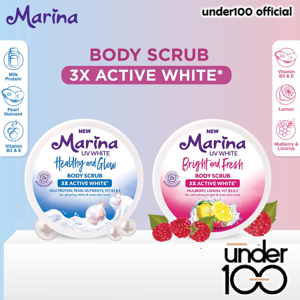 ❤ UNDER100 ❤ MARINA UV White Body Scrub Bright and Fresh | Healthy and Glow | 200ml | Scrub Tubuh | BPOM