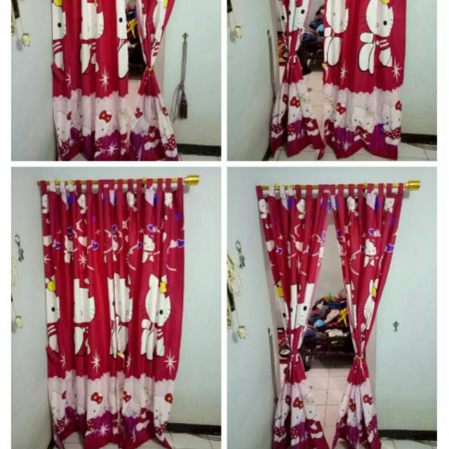  Gorden  Hello  Kitty  Warna Merah Bahan Katun Hordeng Korden 