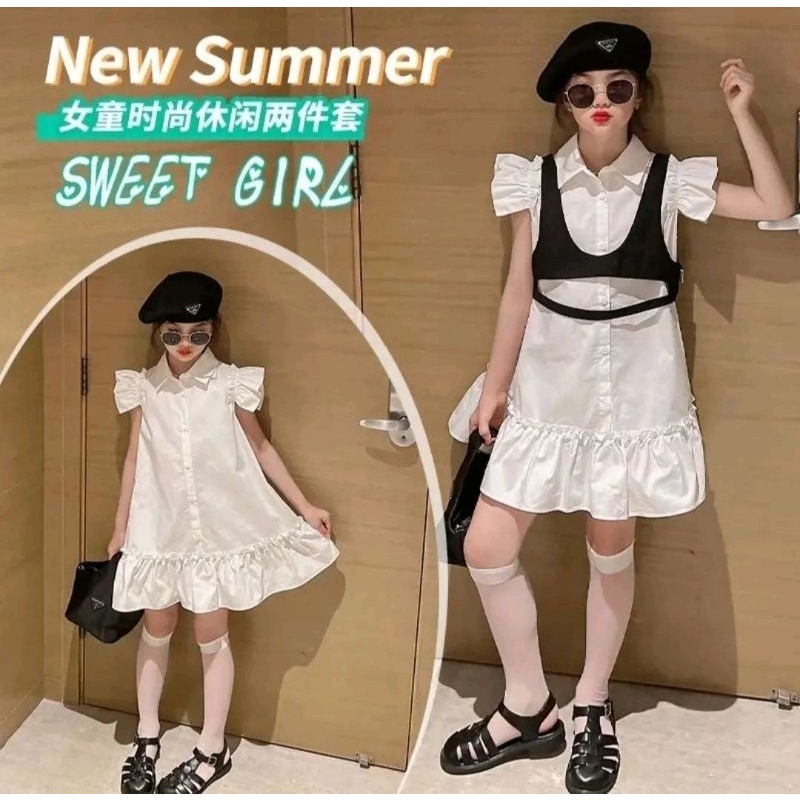 DRESS ANAK PUTIH POLOS+BLACK VEST
