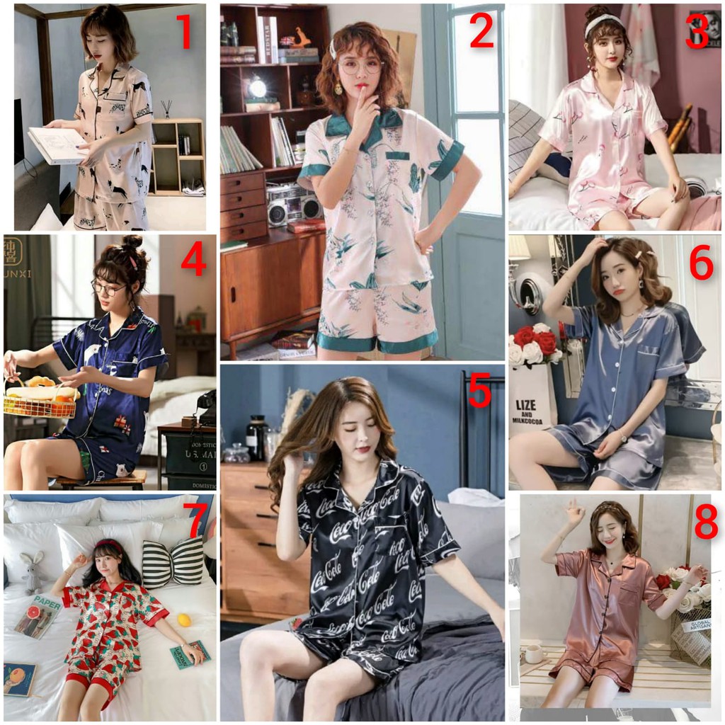 BAJU TIDUR PIYAMA WANITA SATIN SILK IMPORT BERKUALITAS MOTIF KRAH KANCING LENGAN PENDEK SETELAN CELANA PANJANG TERBARU SIZE M-2XL FIT TO 70KG