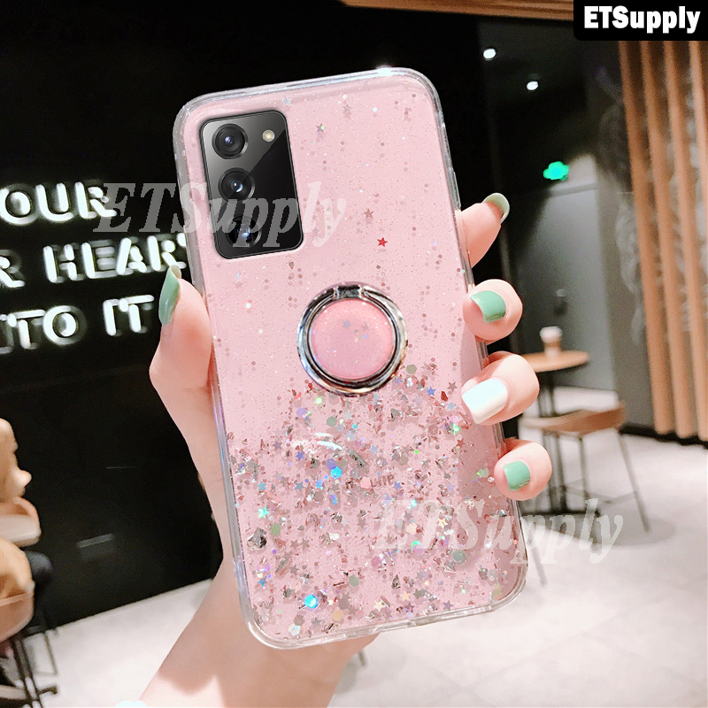 ETS untuk Samsung Galaxy A03S A02S Shiny Glitter Ring Case Soft Transparan Holder Stand Handphone Ca