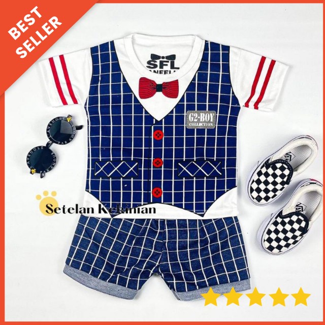 Baju Bayi Setelan Oblong Anak Laki Laki 3 - 18 bulan SNI / setelan baju bayi cowok tuxedo navy murah