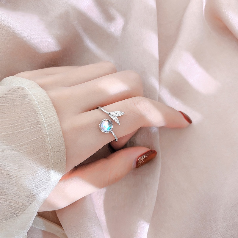 [Korean Mermaid Tail Moonstone Personality Adjustable Opening  Rings For Women] [Ladies Trendy Cute Tail Fairy Ring Inlaid Colored Stone Alloy Ring] [Girls Elegant Personality Party Rings Gifts]