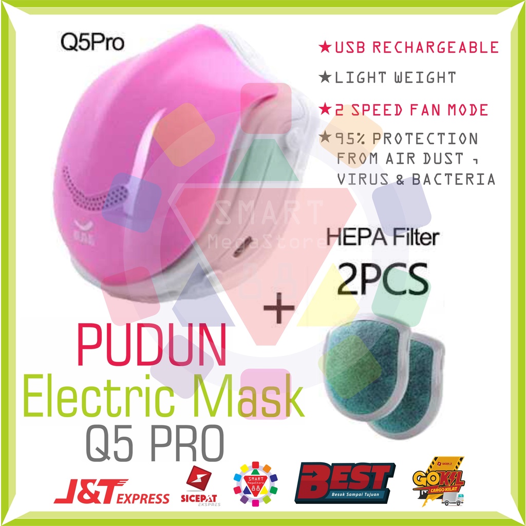 Masker Elektrik Pink Q5Pro HEPA Filter Perlindungan 95% With 2 SPEED FAN Control Masker Sekolah Kant
