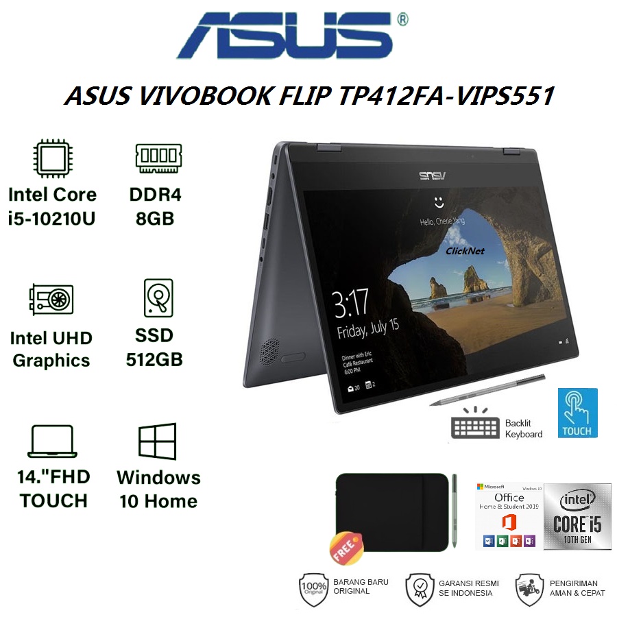 ASUS Vivobook Flip TP412FA-VIPS551 I5-10210U 8GB 512GB SSD FHD IPS W10 OHS