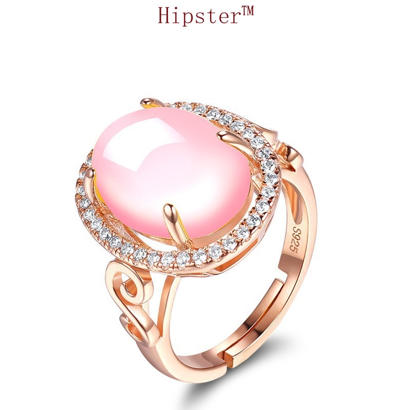 Elegant Ethnic Antique Rose Gold Egg-Shaped Pink Crystal Hand Adjustable Ring