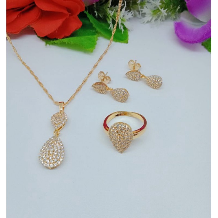 SET Perhiasan Kalung+Liontin+Cincin+Anting Xuping Permata Lapis Emas 18k S021 S022