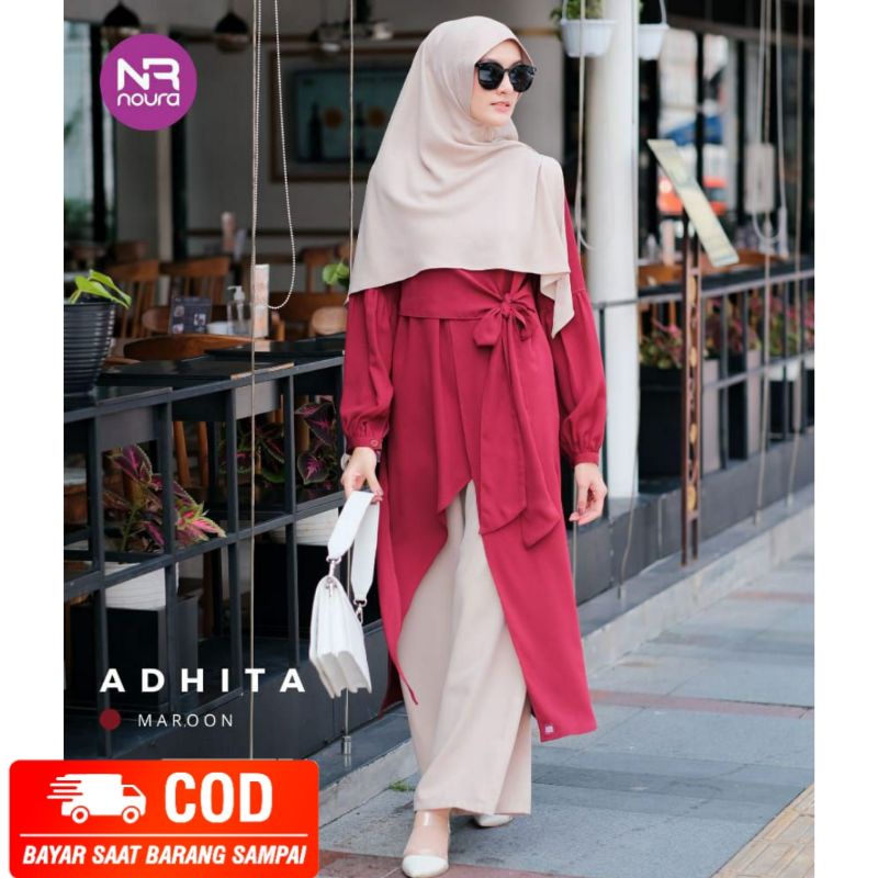 NUBI NOURA SETELAN TUNIK MAROON POLOS PINGGANG BERPITA BAWAHAN CELANA KULOT CREAM BAHAN WOLLYCRAPE P