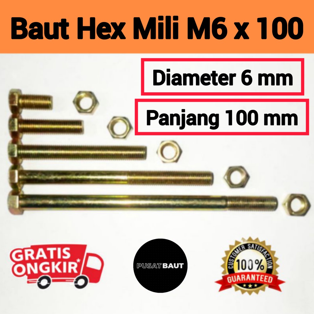 (20 PCS) M6 x 100 Baut Kunci 10 Baut Mur M6x100 Kuning Hex Besi Galvanis Drat Halus