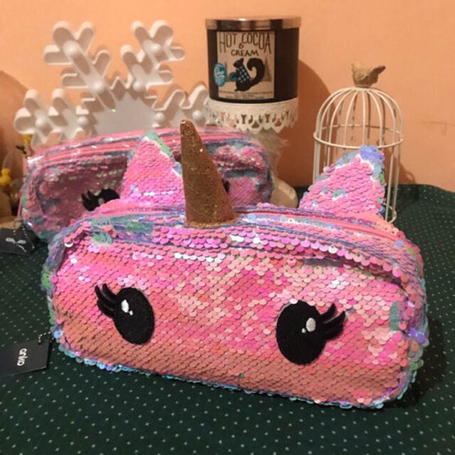 Unicorn pencil / makeup case sequin pink kombinasi biru kertip import