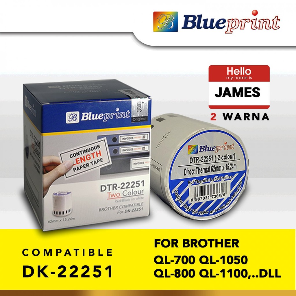 Sticker Label 22251 Blueprint 62mm x 15m Stiker Roll Continuous Thermal 2 Warna for Brother