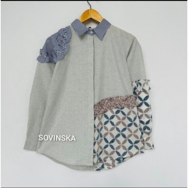 Atasan Batik Kombinasi WP 219 Abu Atasan wanita Blouse blus Baju Kerja Batik Modern By Sovinska