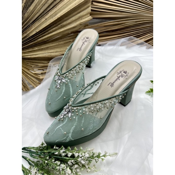 RafAiZoutfit sepatu wanita sepatu pesta wedding yohana sage green hells 9cm tahu