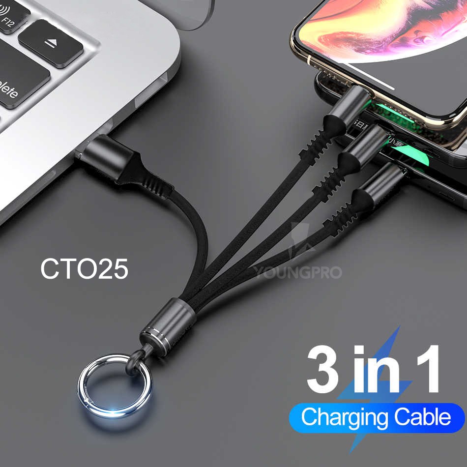 YOUNGPRO CTO25 KEYCHAIN KABEL DATA 3IN1 GANTUNGAN KUNCI USB iOS MICRO TYPE C - GARANSI 12 BULAN