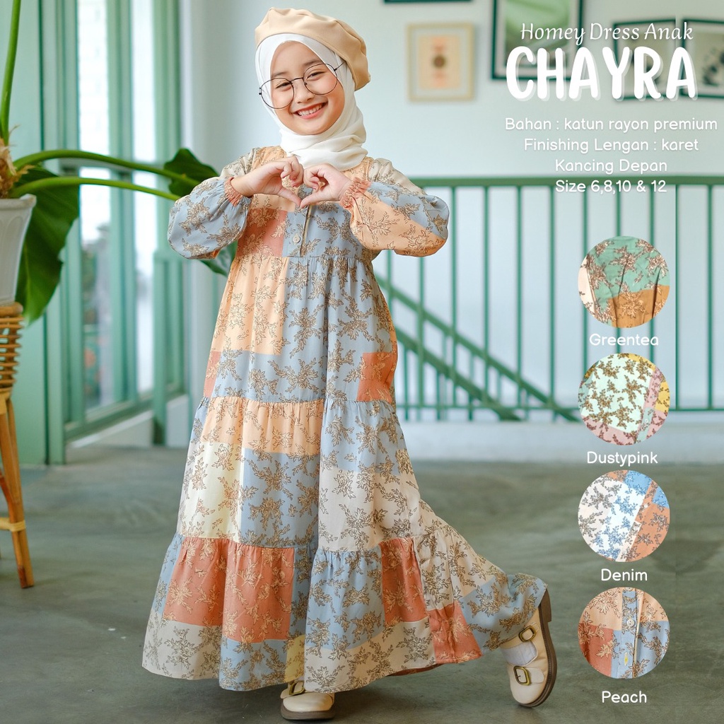 Gamis Anak Perempuan Umur 4 sd 12 tahun_Homey Dress CHAYRA Kids_Gamis Anak Bahan Rayon_Pakaian Muslim Anak Perempuan