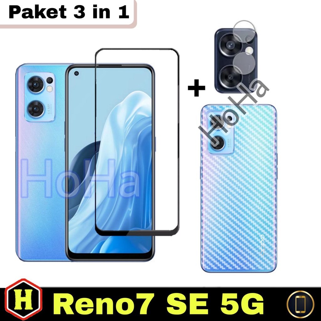 New 3IN1 Paket Tempered Glass Warna For OPPO RENO 7 SE 5G Screen Guard Free Tempered Glass Camera &amp; Garskin Carbon Pelindung Belakang Handphone | OPPO RENO7 SE 5G