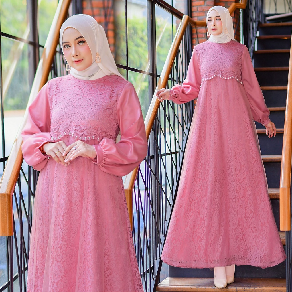 Quinza (Ready New Gamis Termurah Size S/M, L,XL,XXL) Gamis Pesta/ Gamis Brukat Tile/Gamis Jumbo Kwalitas Premium/Fashion Gamis Bridesmaid/Seragam Pesta Kondangan-Dusty