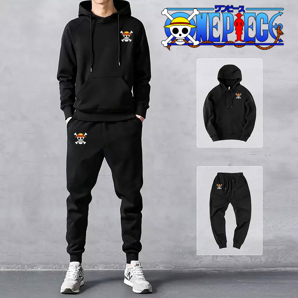 Setelan Baju olahraga anime one piece luffy fashion pria dewasa set pakaian outdoor lari sport hoodi