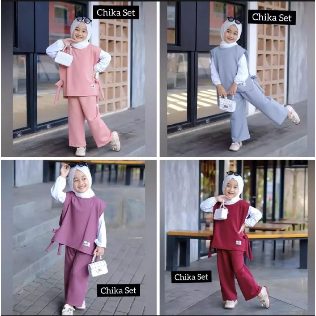 SETELAN MUSLIM ANAK CHIKA SET 3IN 1 USIA 3-12TAHUN-CHIKA SET 3IN ONE BAJU ANAK PEREMPUAN KEKINIAN