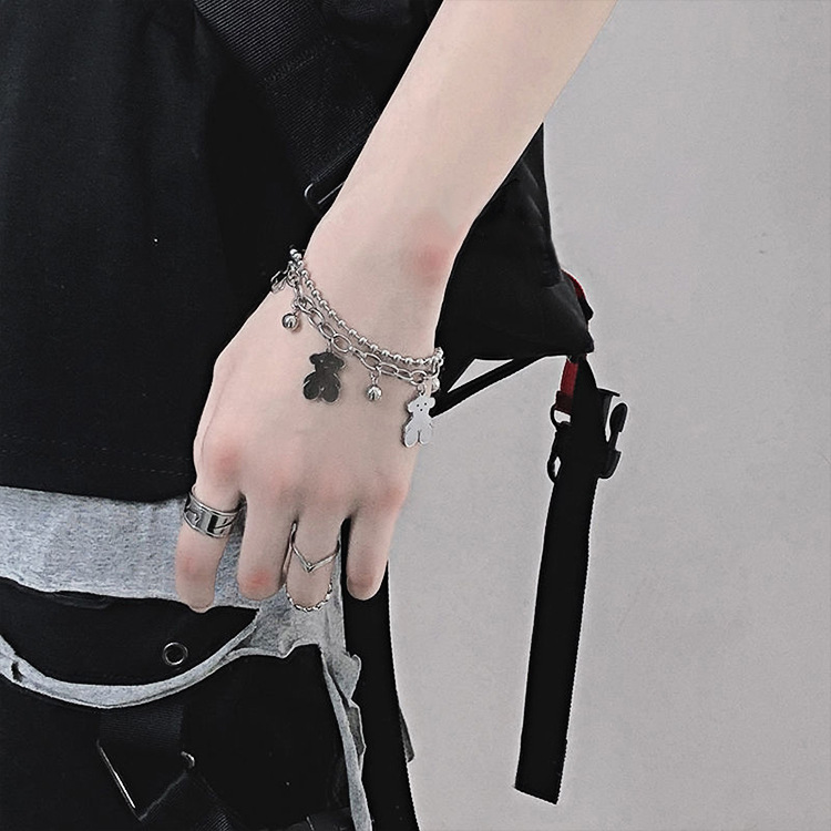 Stainless Steel Punk Double Bear Bracelet Round Bead Chain