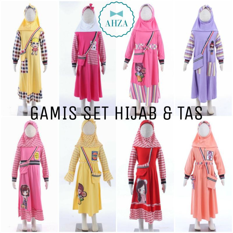AHZA GAMIS ANAK SET HIJAB &amp; TAS 4-9TAHUN