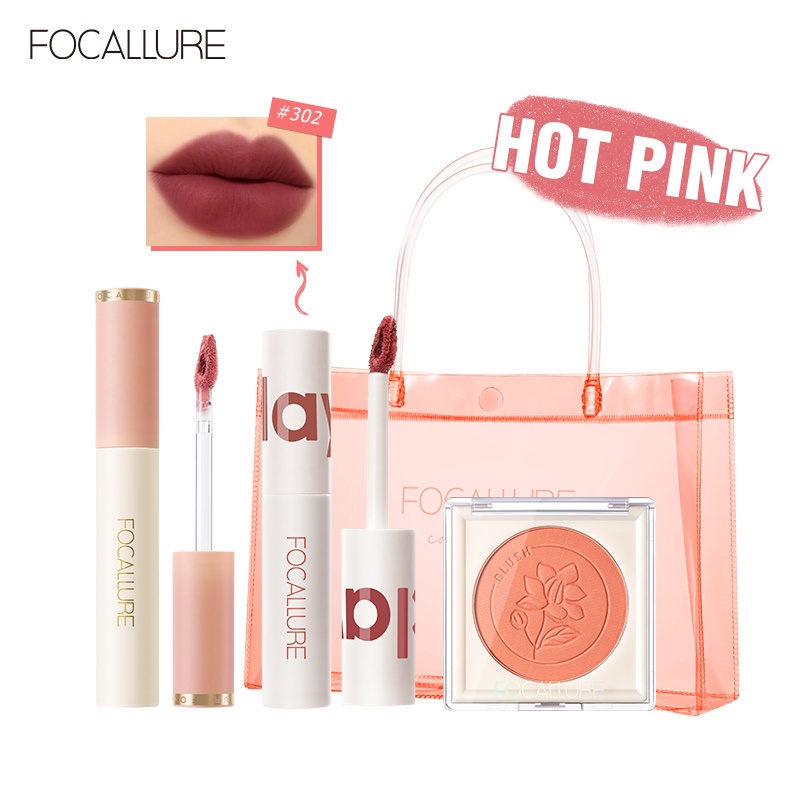 FOCALLURE 4PCS Lip Makeup Set Waterproof Lipstick  Lip Cream Lips Mud &amp;Smooth Blush On With PVC Hand Beauty Bag